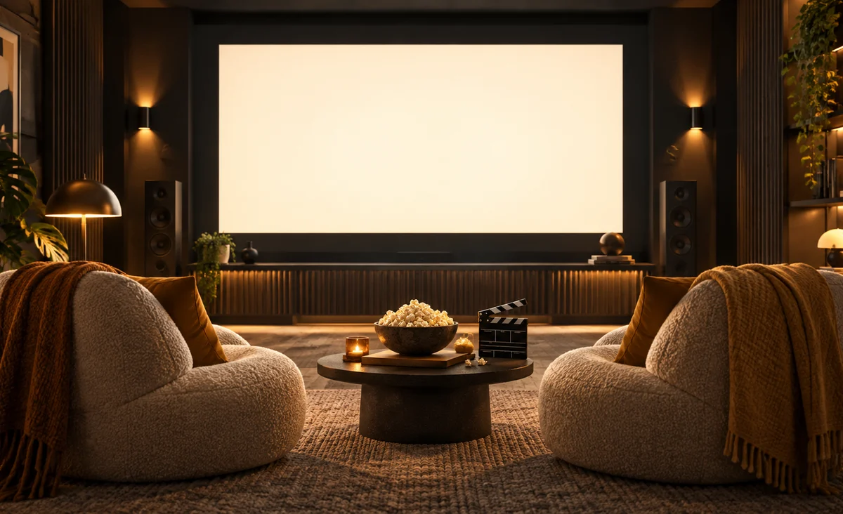 Un acogedor cine en casa contemporáneo por la noche, una luminosa pantalla en blanco, dos cómodos sillones, palomitas de maíz y un pequeño badajo de película sobre una mesa baja; sombras de carbón y una cálida iluminación de color amarillo mantequilla.