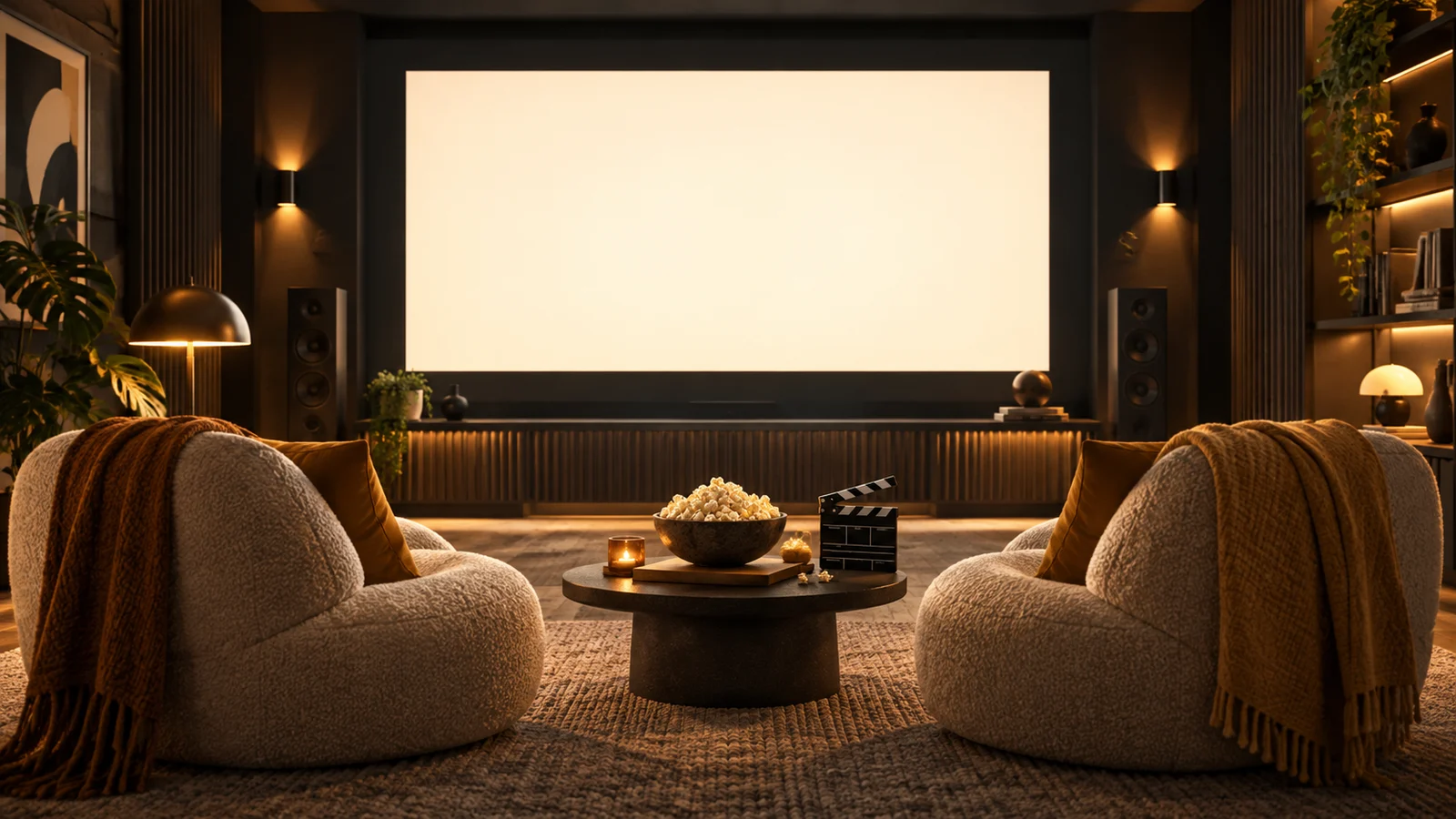 Un acogedor cine en casa contemporáneo por la noche, una luminosa pantalla en blanco, dos cómodos sillones, palomitas de maíz y un pequeño badajo de película sobre una mesa baja; sombras de carbón y una cálida iluminación de color amarillo mantequilla.