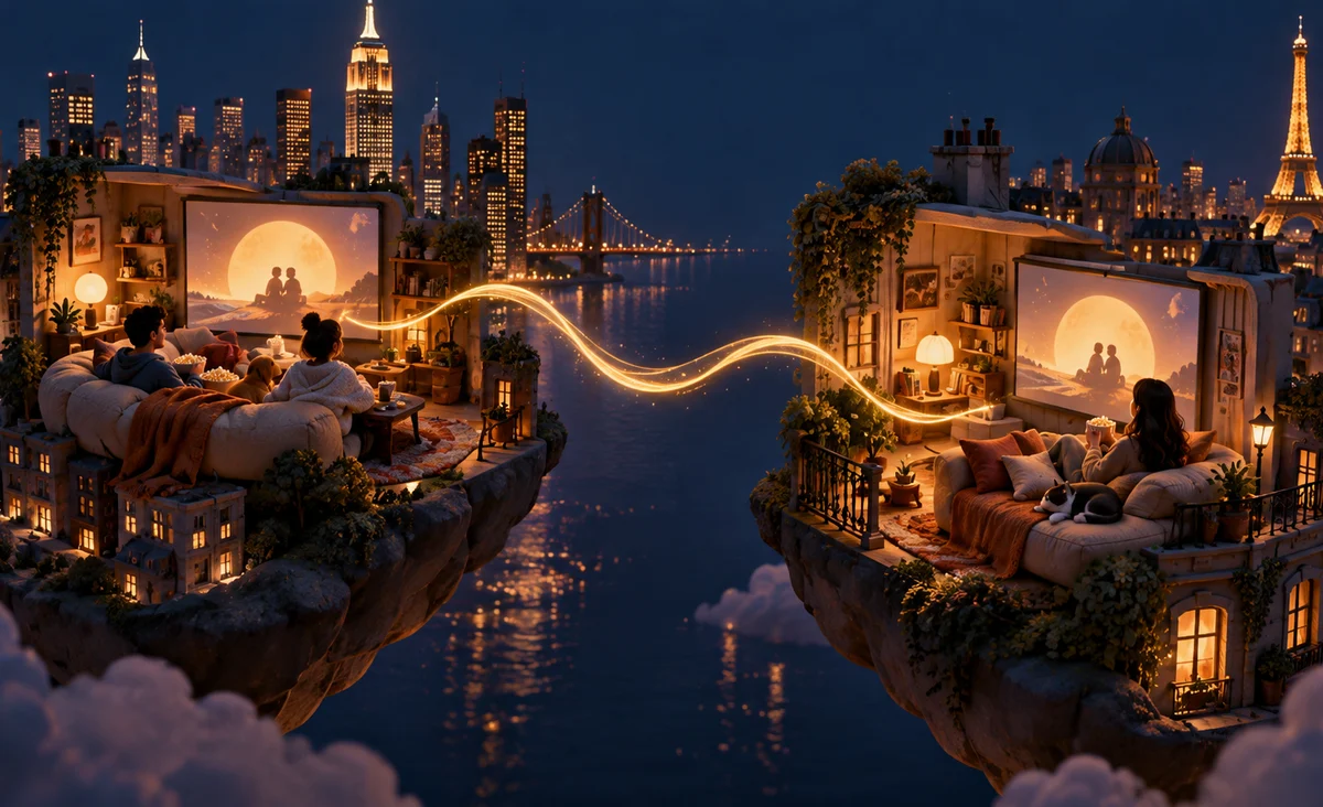 Dos apartamentos en miniatura en diferentes ciudades en islas escultóricas separadas, cada una con una brillante pantalla de cine, unidas por una elegante cinta de luz; azul medianoche, albaricoque y amarillo cálido.
