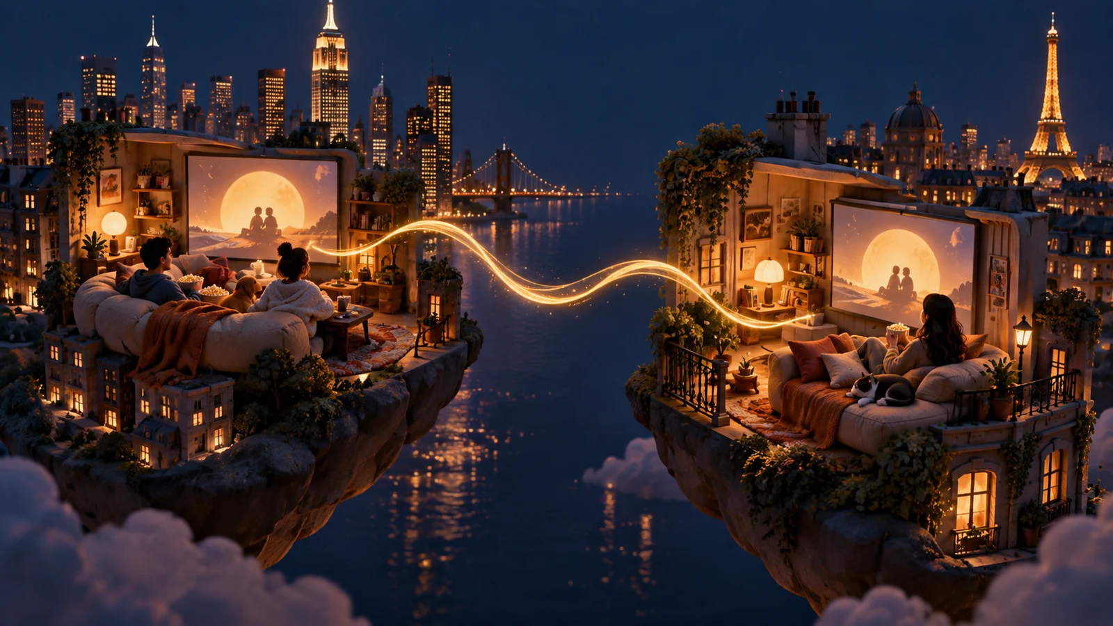 Dos apartamentos en miniatura en diferentes ciudades en islas escultóricas separadas, cada una con una brillante pantalla de cine, unidas por una elegante cinta de luz; azul medianoche, albaricoque y amarillo cálido.