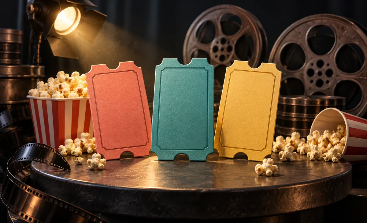 Tres coloridas entradas de cine en blanco colocadas como opciones sobre una mesa redonda de carbón, con un pequeño foco y palomitas de maíz, carretes de película esculturales al fondo; coral, verde azulado y amarillo mantequilla.