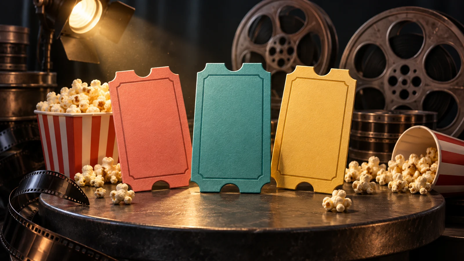 Tres coloridas entradas de cine en blanco colocadas como opciones sobre una mesa redonda de carbón, con un pequeño foco y palomitas de maíz, carretes de película esculturales al fondo; coral, verde azulado y amarillo mantequilla.