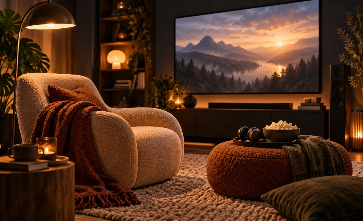 Un acogedor rincón de cine iluminado por una lámpara de lectura, con un sillón escultural, una manta doblada, auriculares y una pantalla brillante, con poca profundidad de campo cinematográfica; Ámbar cálido y carbón profundo.