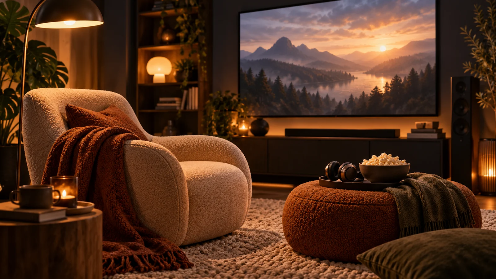 Un acogedor rincón de cine iluminado por una lámpara de lectura, con un sillón escultural, una manta doblada, auriculares y una pantalla brillante, con poca profundidad de campo cinematográfica; Ámbar cálido y carbón profundo.