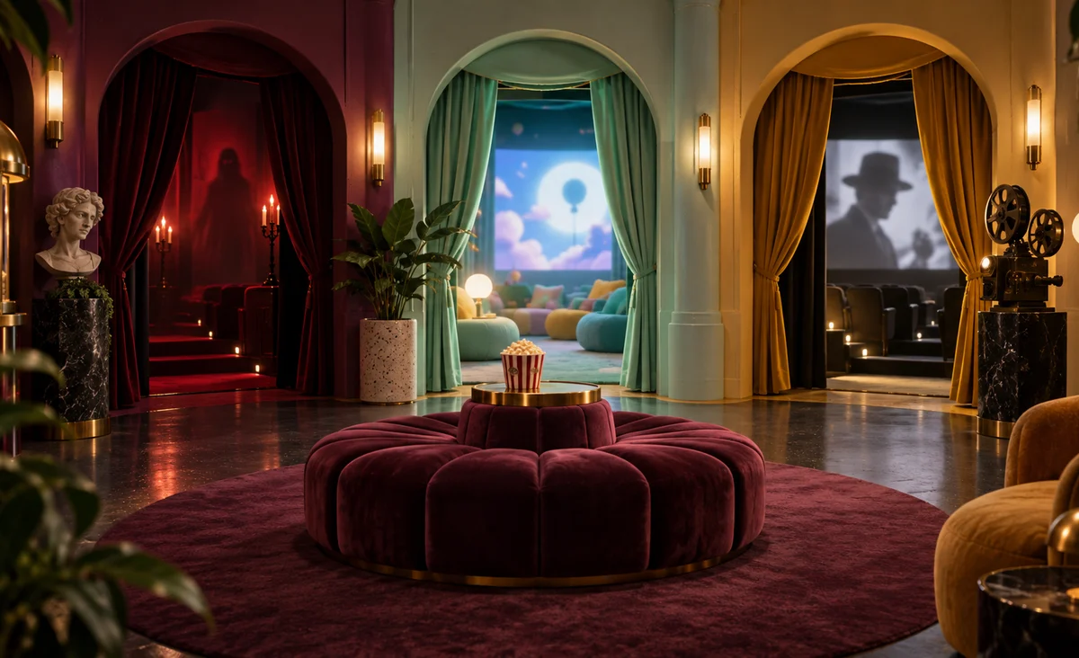 Un vestíbulo de cine en miniatura con distintas puertas que sugieren terror, animación y películas clásicas a través de objetos e iluminación, sin señalización; ciruela, menta pálida y amarillo dorado.