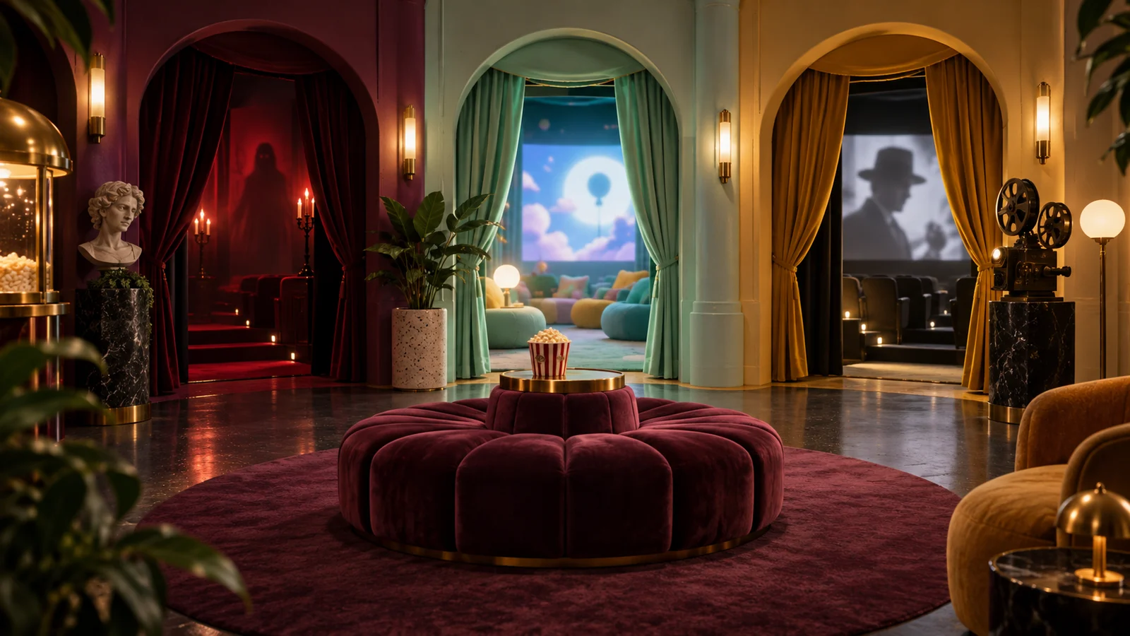 Un vestíbulo de cine en miniatura con distintas puertas que sugieren terror, animación y películas clásicas a través de objetos e iluminación, sin señalización; ciruela, menta pálida y amarillo dorado.