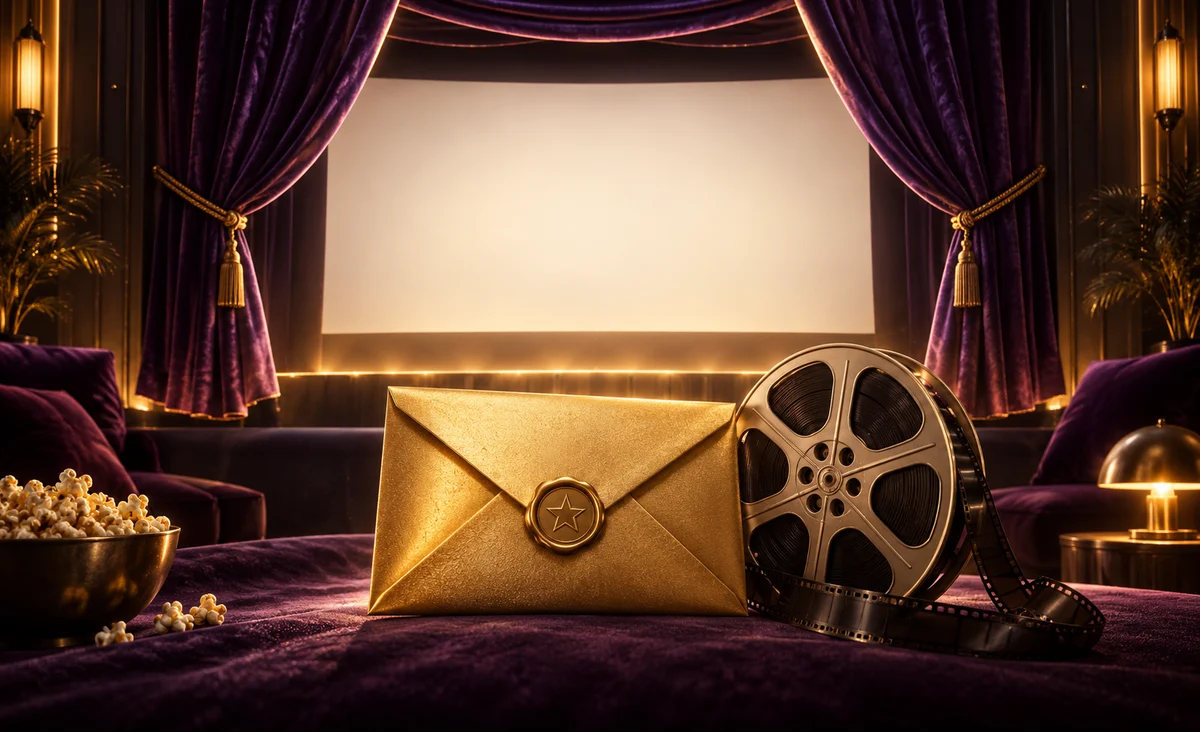 Un brillante telón de cine en miniatura que se abre a una misteriosa pantalla en blanco, un sobre dorado sin abrir y un único carrete de película episódica al frente; violeta intenso y dorado cálido.