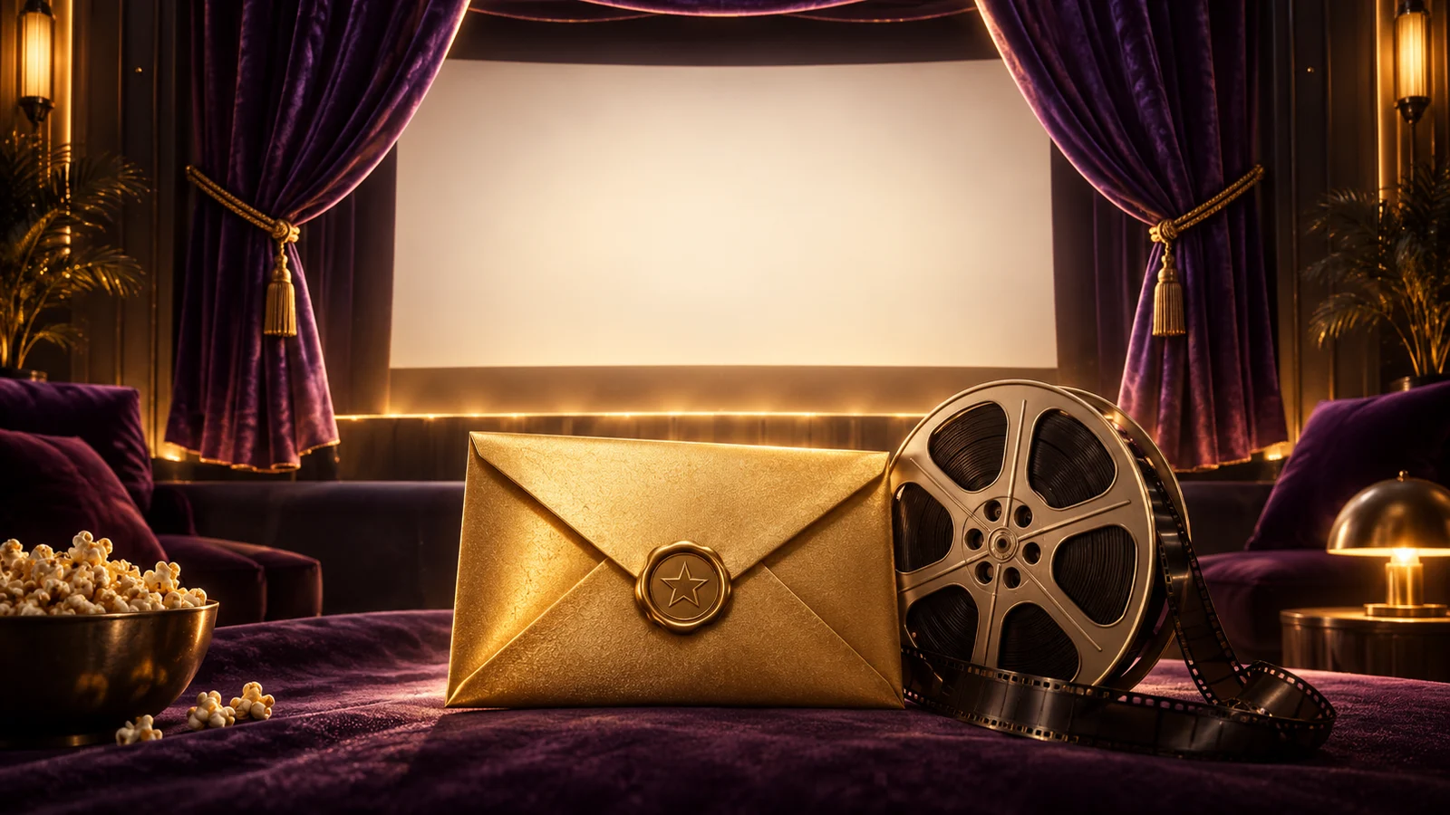 Un brillante telón de cine en miniatura que se abre a una misteriosa pantalla en blanco, un sobre dorado sin abrir y un único carrete de película episódica al frente; violeta intenso y dorado cálido.