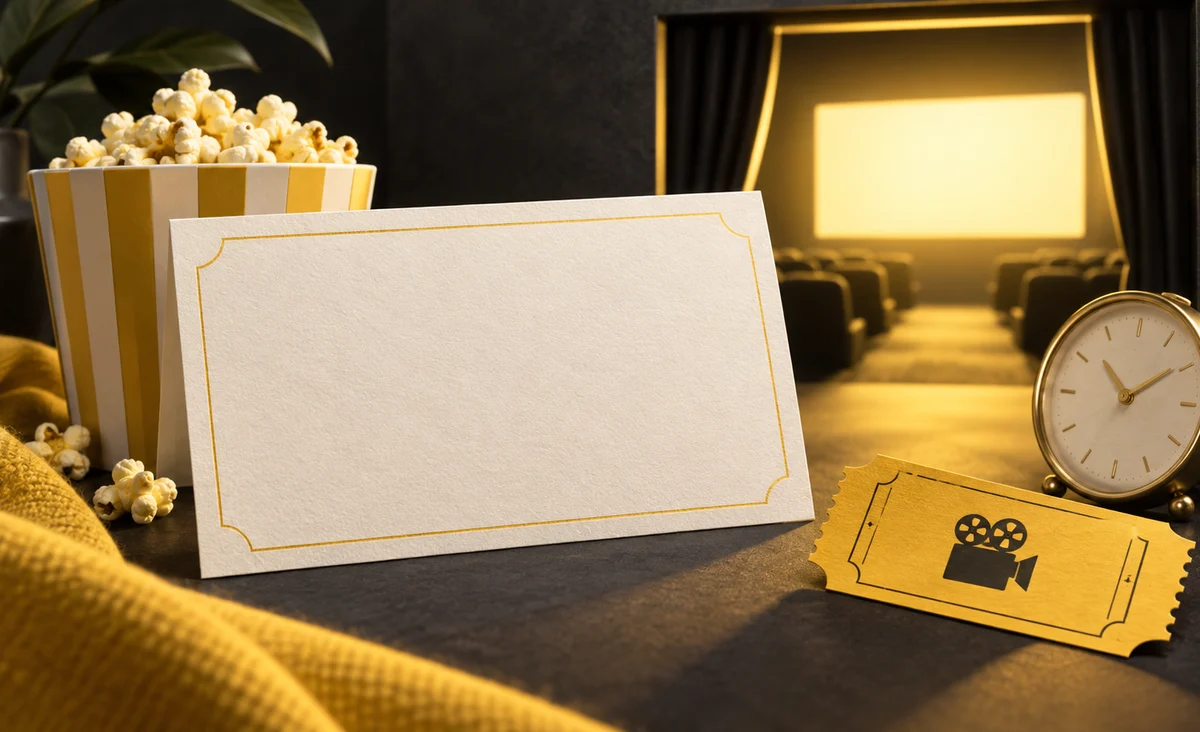 Una elegante tarjeta de invitación en blanco junto a una entrada de cine, un pequeño reloj y una puerta luminosa con forma de pantalla de cine; amarillo limón, marfil y carbón, texturas de papel táctiles.