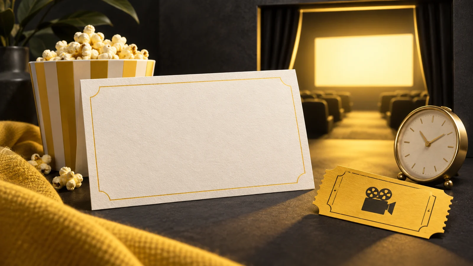 Una elegante tarjeta de invitación en blanco junto a una entrada de cine, un pequeño reloj y una puerta luminosa con forma de pantalla de cine; amarillo limón, marfil y carbón, texturas de papel táctiles.