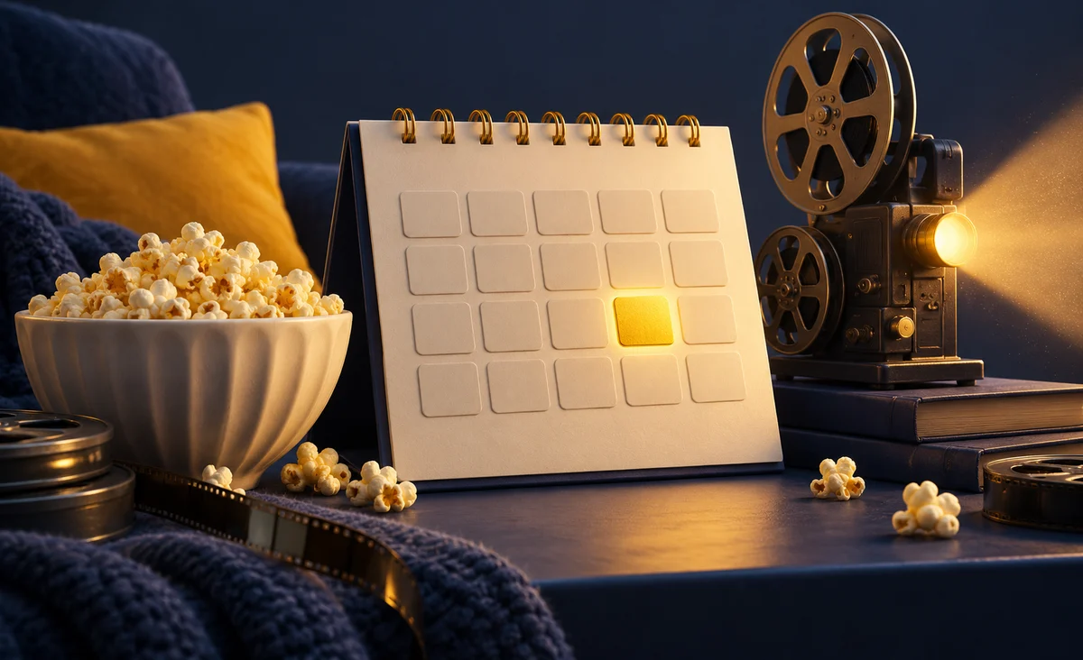 Un escultural calendario de escritorio semanal sin letras, un cuadrado dorado resaltado, palomitas de maíz y un pequeño proyector de cine que proyecta una luz cálida; índigo, crema y amarillo.