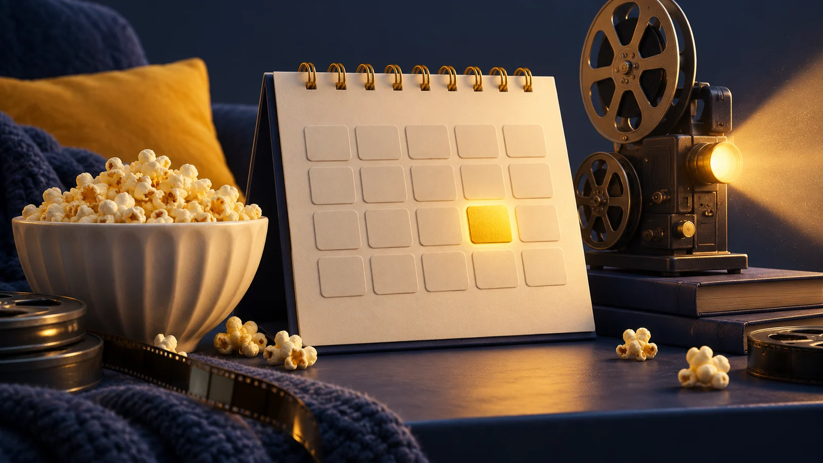 Un escultural calendario de escritorio semanal sin letras, un cuadrado dorado resaltado, palomitas de maíz y un pequeño proyector de cine que proyecta una luz cálida; índigo, crema y amarillo.