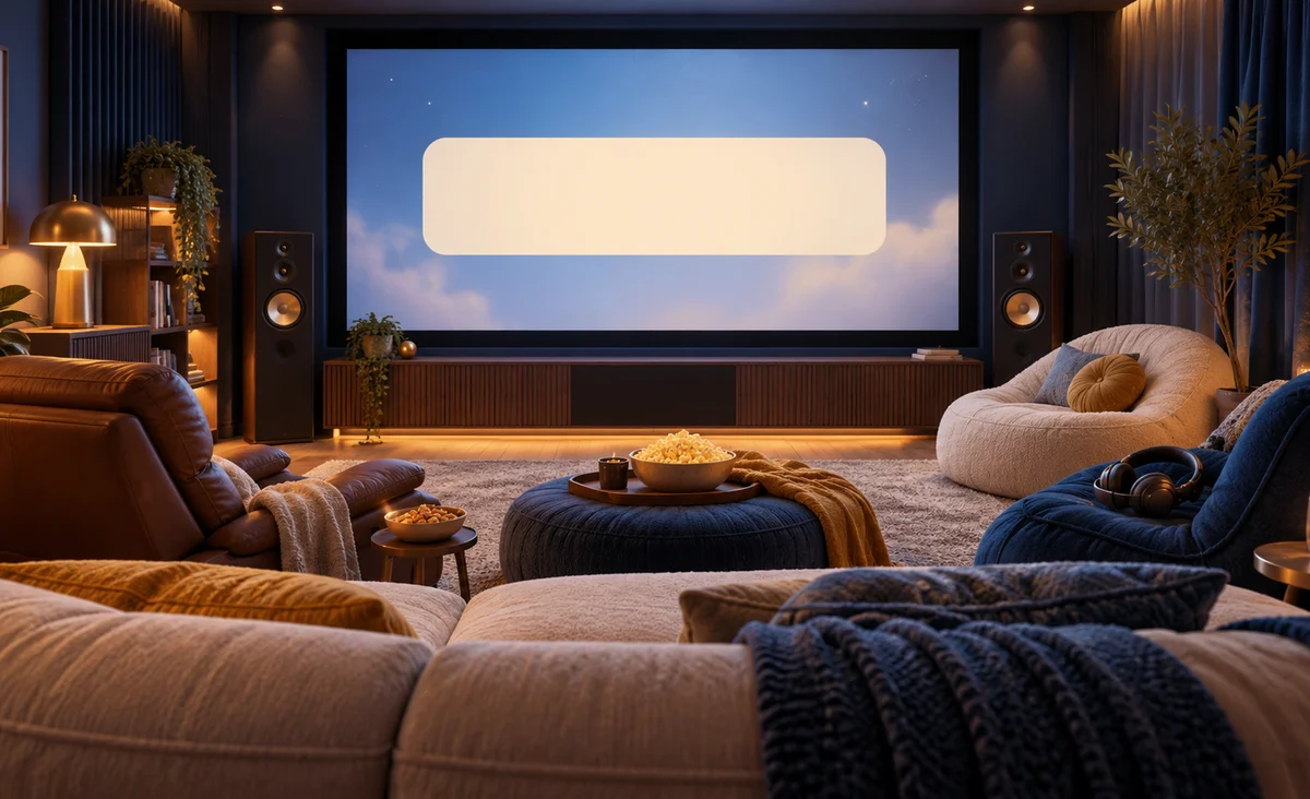 Un acogedor cine en casa con variados asientos cómodos, auriculares, una lámpara suave y una barra de subtítulos en blanco hecha de formas de luz simples en la pantalla; azul suave, crema cálida y oro.