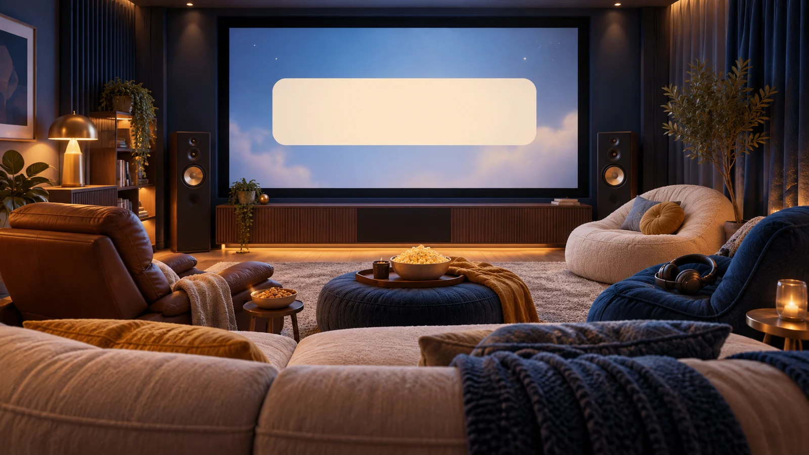 Un acogedor cine en casa con variados asientos cómodos, auriculares, una lámpara suave y una barra de subtítulos en blanco hecha de formas de luz simples en la pantalla; azul suave, crema cálida y oro.