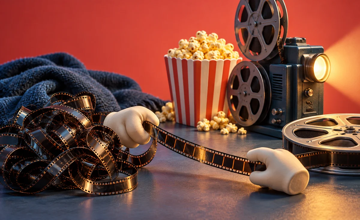 Una tira de película enredada que se endereza suavemente junto a un proyector ordenado y palomitas de maíz, una naturaleza muerta cinematográfica lúdica; Rojo coral, azul pizarra y amarillo mantequilla.