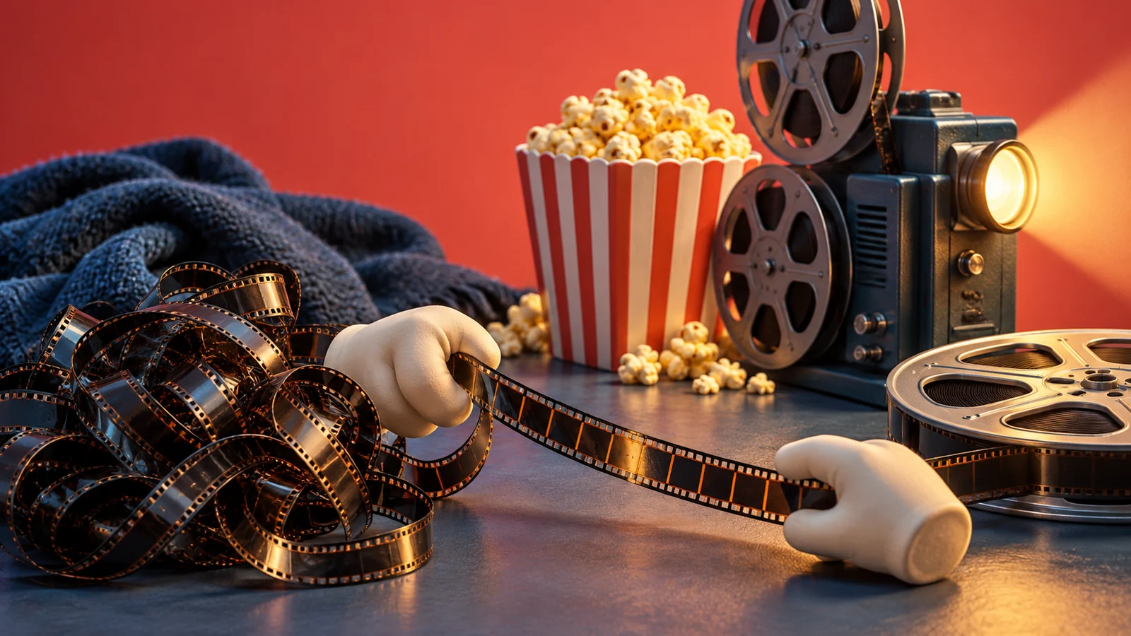 Una tira de película enredada que se endereza suavemente junto a un proyector ordenado y palomitas de maíz, una naturaleza muerta cinematográfica lúdica; Rojo coral, azul pizarra y amarillo mantequilla.