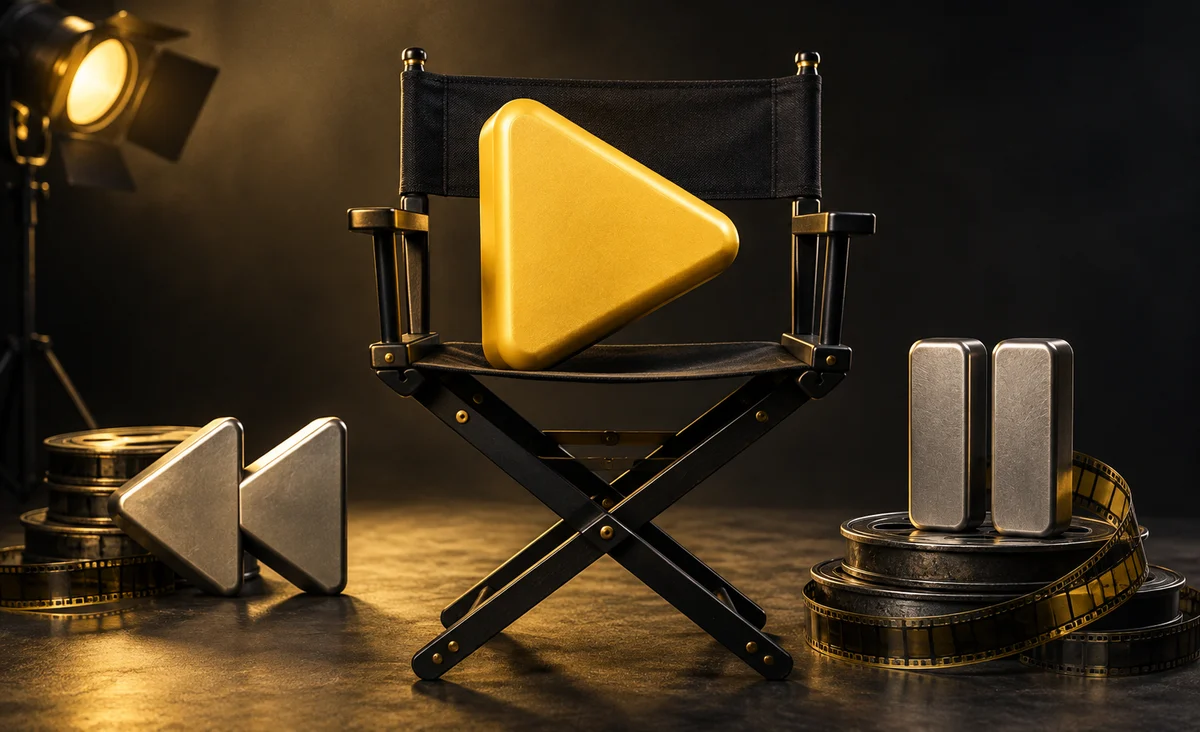 Un gran botón de reproducción escultórico en la silla de un director de cine, con objetos de pausa y rebobinado más pequeños dispuestos a su alrededor; Negro mate, plata y amarillo eléctrico.