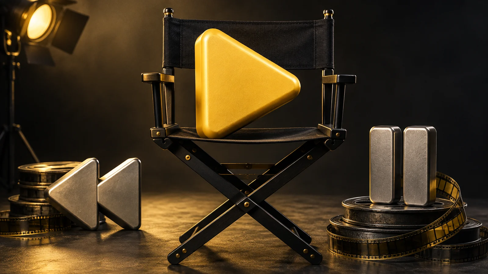 Un gran botón de reproducción escultórico en la silla de un director de cine, con objetos de pausa y rebobinado más pequeños dispuestos a su alrededor; Negro mate, plata y amarillo eléctrico.
