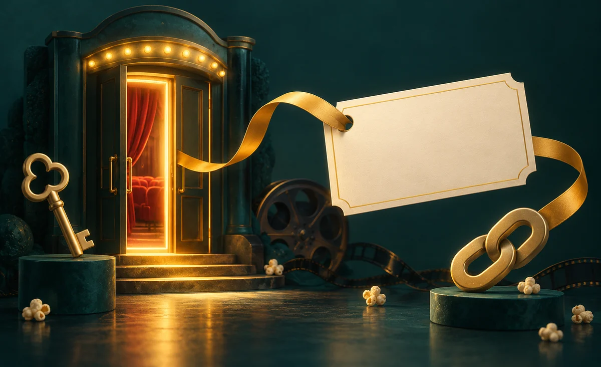 Una puerta de cine luminosa conectada a una tarjeta de invitación en blanco flotante mediante una cinta, con pequeñas esculturas en forma de llave y de eslabón; verde azulado oscuro, crema y amarillo.