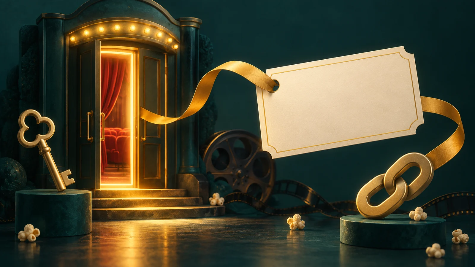 Una puerta de cine luminosa conectada a una tarjeta de invitación en blanco flotante mediante una cinta, con pequeñas esculturas en forma de llave y de eslabón; verde azulado oscuro, crema y amarillo.
