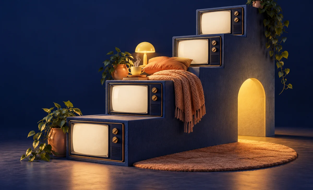 Una escalera de cuatro pantallas de televisión en blanco en miniatura con un acogedor rellano de descanso y una taza de té a mitad de camino; azul medianoche, melocotón y amarillo limón.