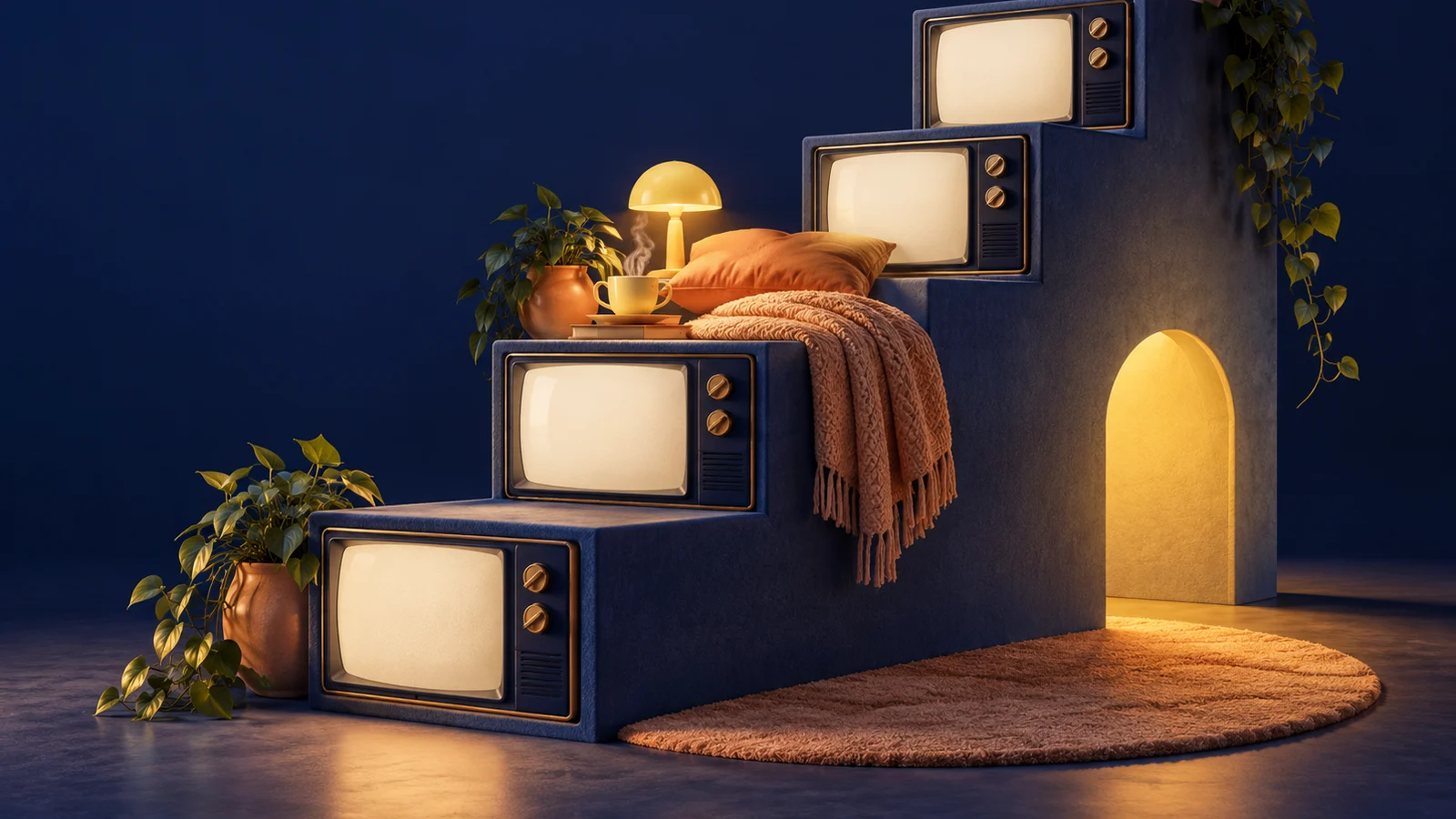 Una escalera de cuatro pantallas de televisión en blanco en miniatura con un acogedor rellano de descanso y una taza de té a mitad de camino; azul medianoche, melocotón y amarillo limón.