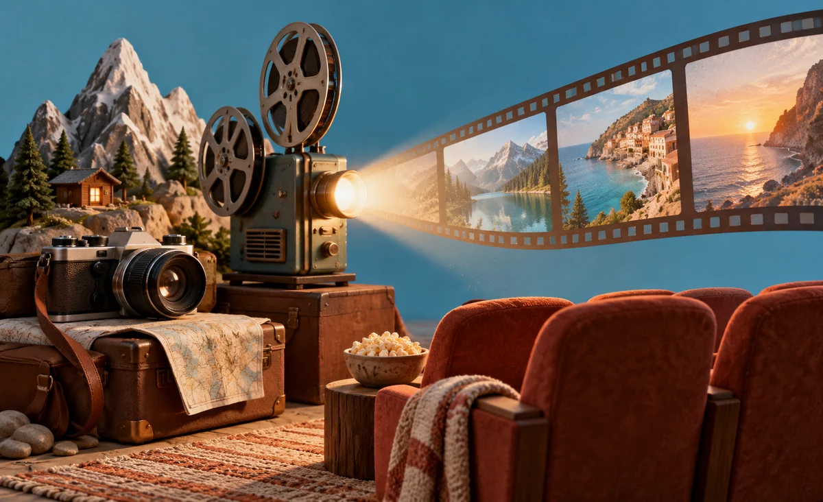 Un pequeño proyector que proyecta una luz cálida desde una bobina de película de viaje personal, con una cámara, un pequeño diorama de montaña y cómodas butacas de cine; azul cielo, terracota y crema.