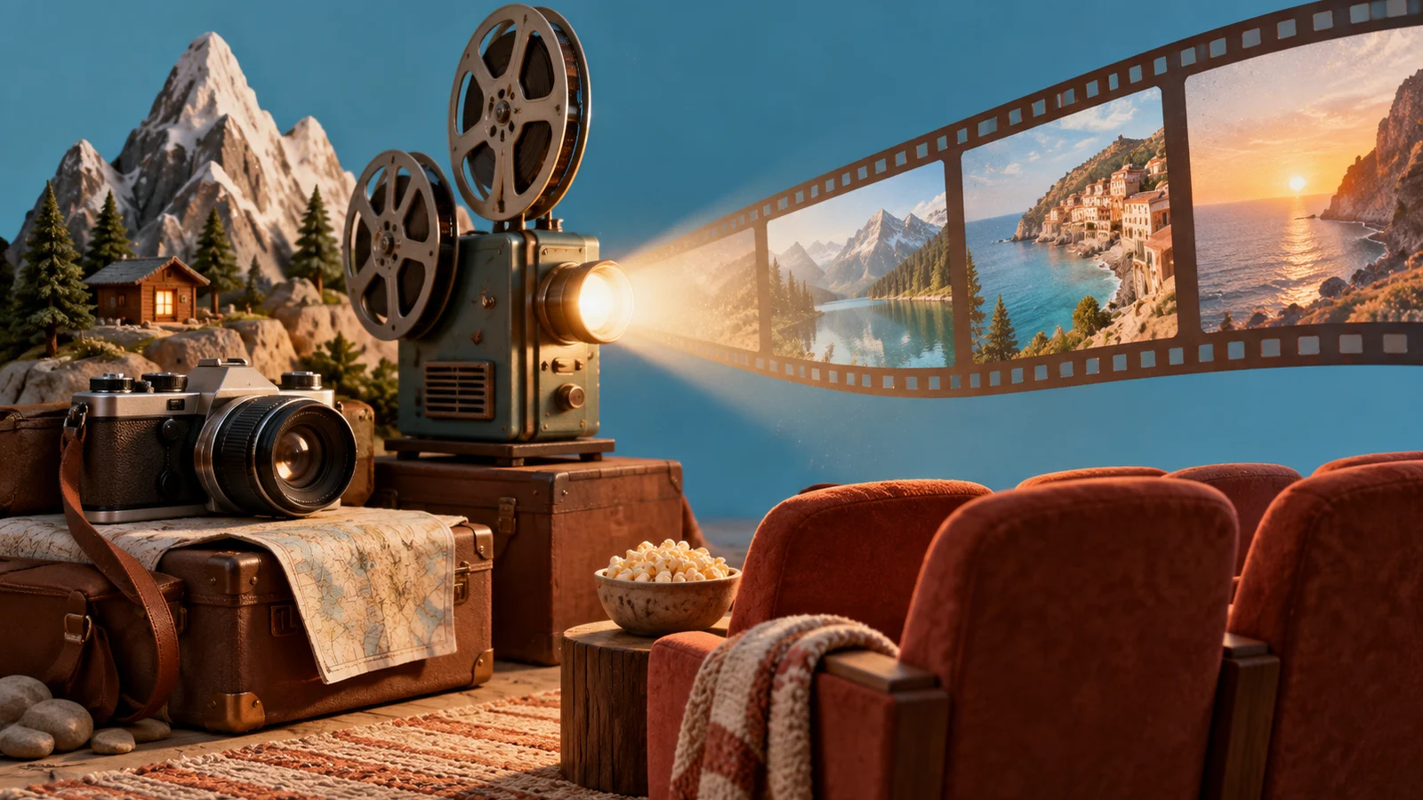Un pequeño proyector que proyecta una luz cálida desde una bobina de película de viaje personal, con una cámara, un pequeño diorama de montaña y cómodas butacas de cine; azul cielo, terracota y crema.