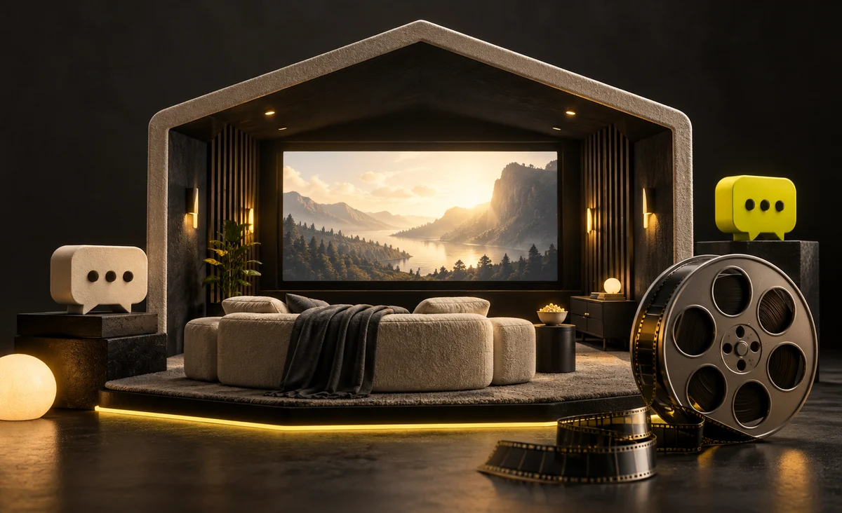 Una pantalla de cine luminosa enmarcada por una maqueta arquitectónica en forma de habitación, con una bobina de película independiente al lado y pequeñas esculturas de burbujas de chat; carbón, marfil y amarillo lima.