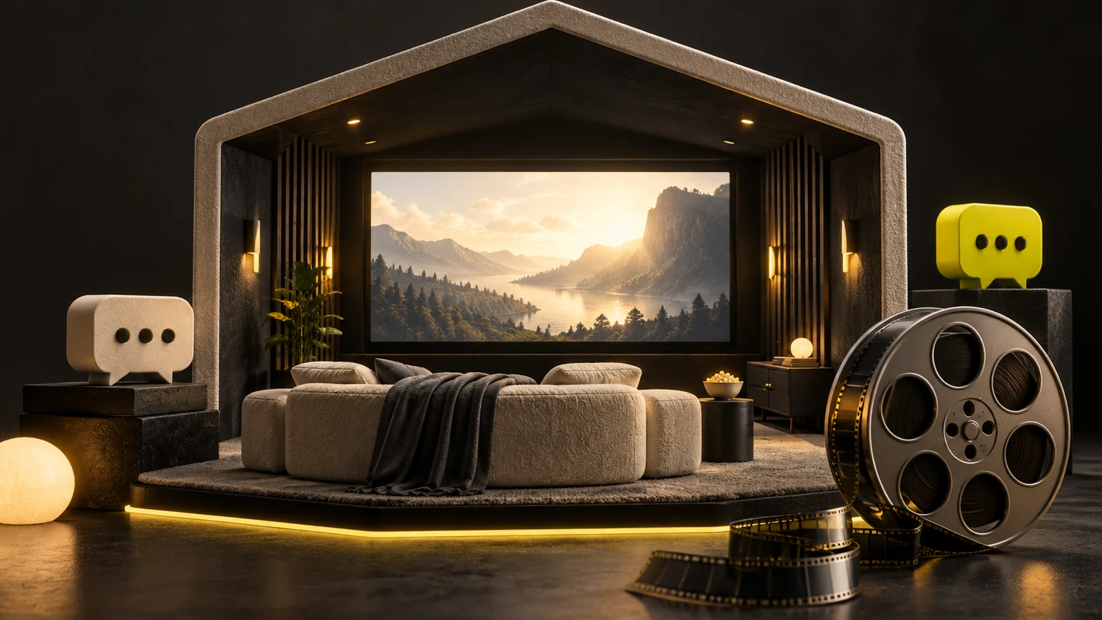 Una pantalla de cine luminosa enmarcada por una maqueta arquitectónica en forma de habitación, con una bobina de película independiente al lado y pequeñas esculturas de burbujas de chat; carbón, marfil y amarillo lima.