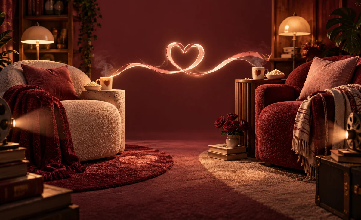 Dos pequeños rincones de cine con una iluminación cálida conectados por una suave cinta brillante, cada uno con un sillón y una taza a juego, un sutil reflejo de luz en forma de corazón; rosa, burdeos y crema.