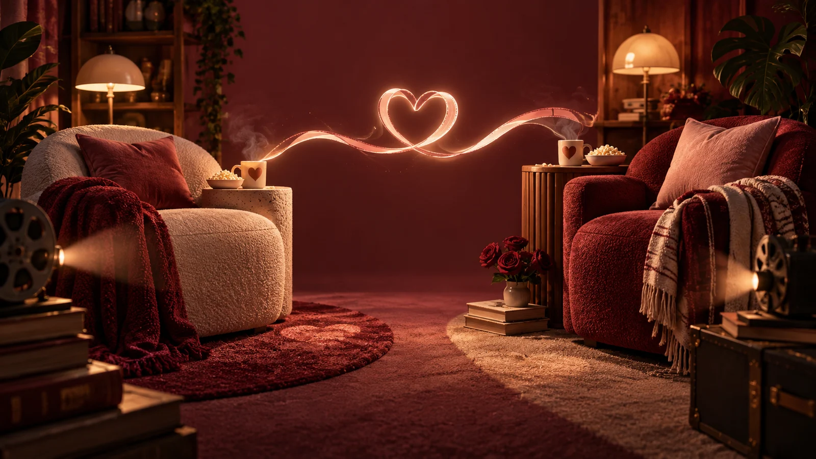 Dos pequeños rincones de cine con una iluminación cálida conectados por una suave cinta brillante, cada uno con un sillón y una taza a juego, un sutil reflejo de luz en forma de corazón; rosa, burdeos y crema.