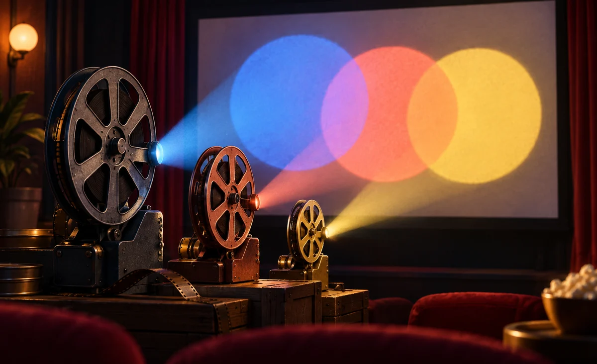 Tres carretes de película en miniatura de diferentes tamaños que proyectan piscinas superpuestas de luz de colores en una pantalla de cine; Cobalto, coral y amarillo cálido, divertida composición escultórica.