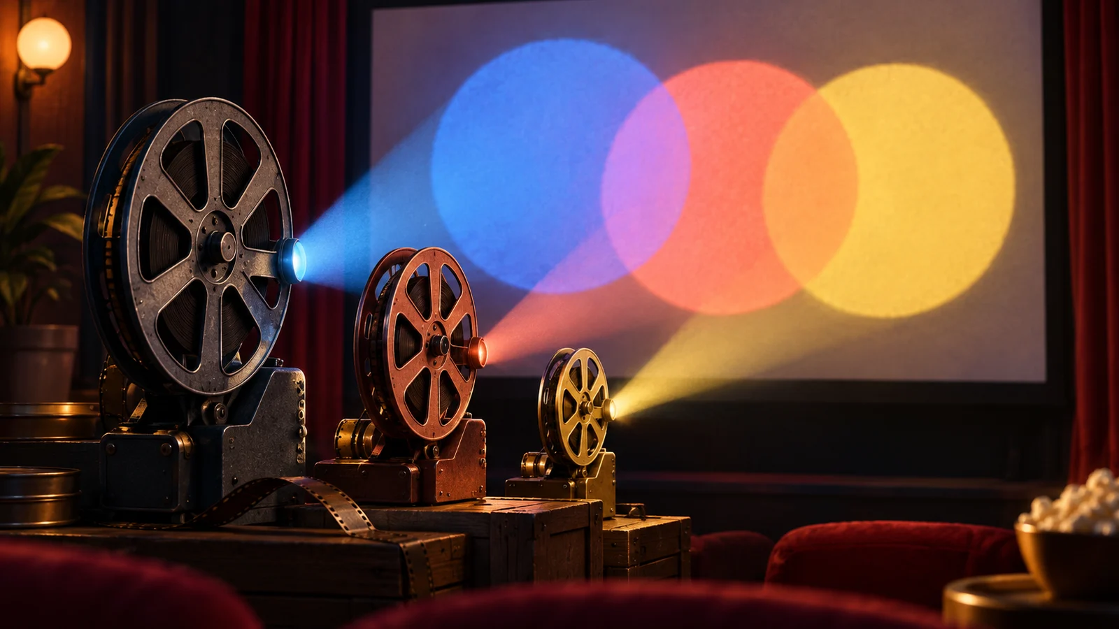 Tres carretes de película en miniatura de diferentes tamaños que proyectan piscinas superpuestas de luz de colores en una pantalla de cine; Cobalto, coral y amarillo cálido, divertida composición escultórica.