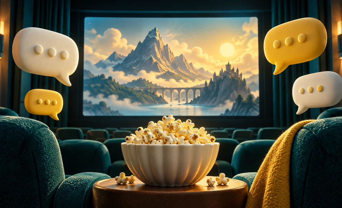 Una pantalla de cine rodeada por algunas suaves burbujas de discurso esculturales, un tazón de palomitas de maíz en primer plano, composición tranquila y equilibrada; verde azulado, marfil y amarillo soleado.