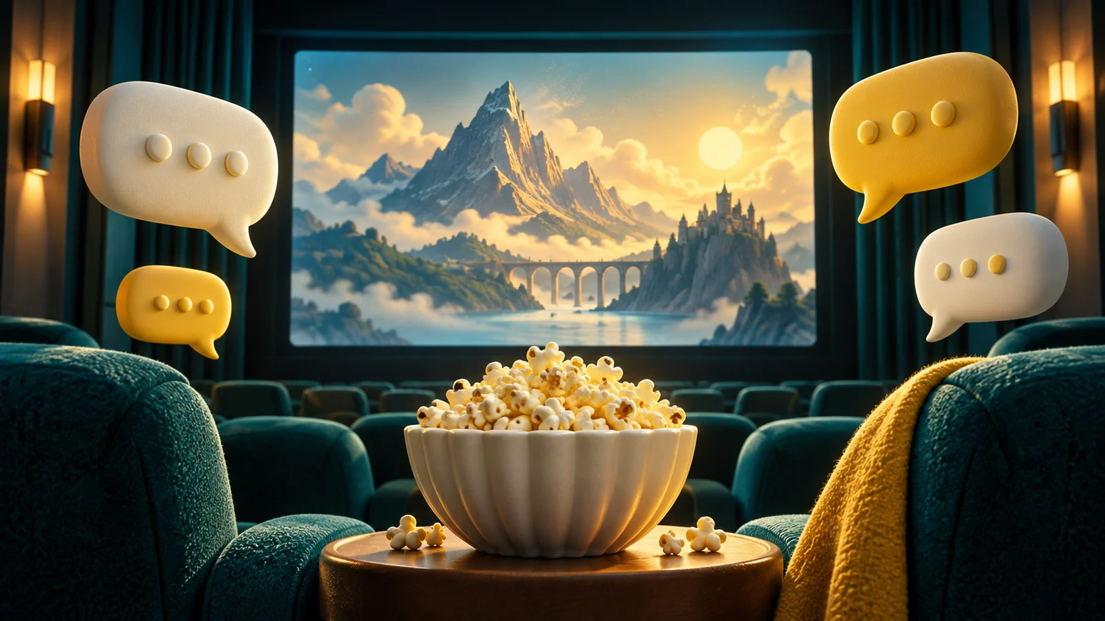 Una pantalla de cine rodeada por algunas suaves burbujas de discurso esculturales, un tazón de palomitas de maíz en primer plano, composición tranquila y equilibrada; verde azulado, marfil y amarillo soleado.