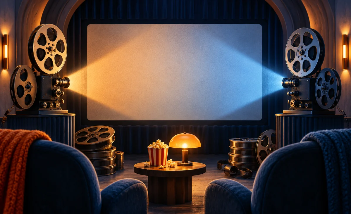 Dos proyectores de cine esculturales que proyectan rayos ámbar y azul hacia una pantalla panorámica, carretes de película emparejados y una pequeña lámpara intermedia; cobalto, crema y naranja.