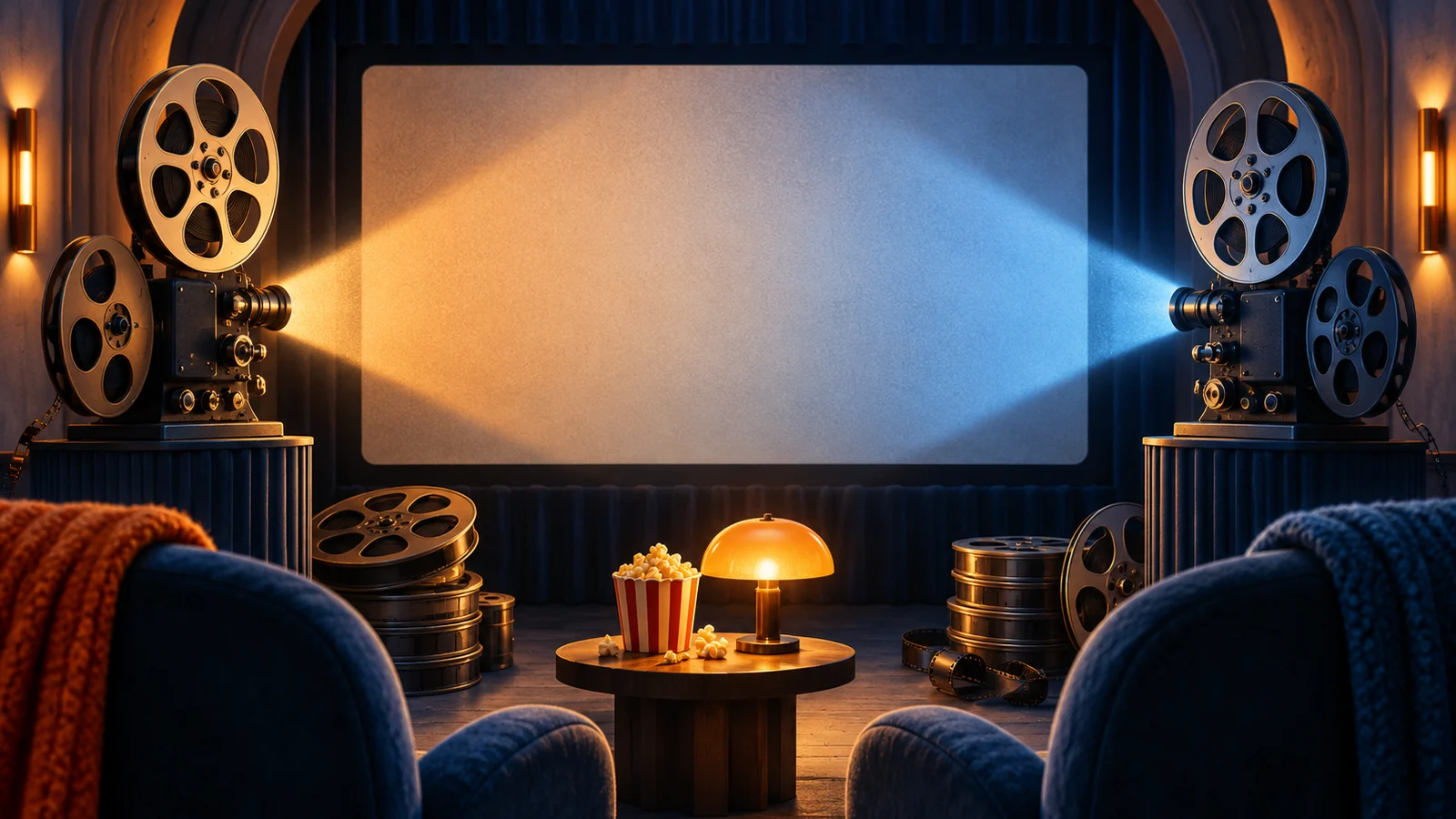 Dos proyectores de cine esculturales que proyectan rayos ámbar y azul hacia una pantalla panorámica, carretes de película emparejados y una pequeña lámpara intermedia; cobalto, crema y naranja.