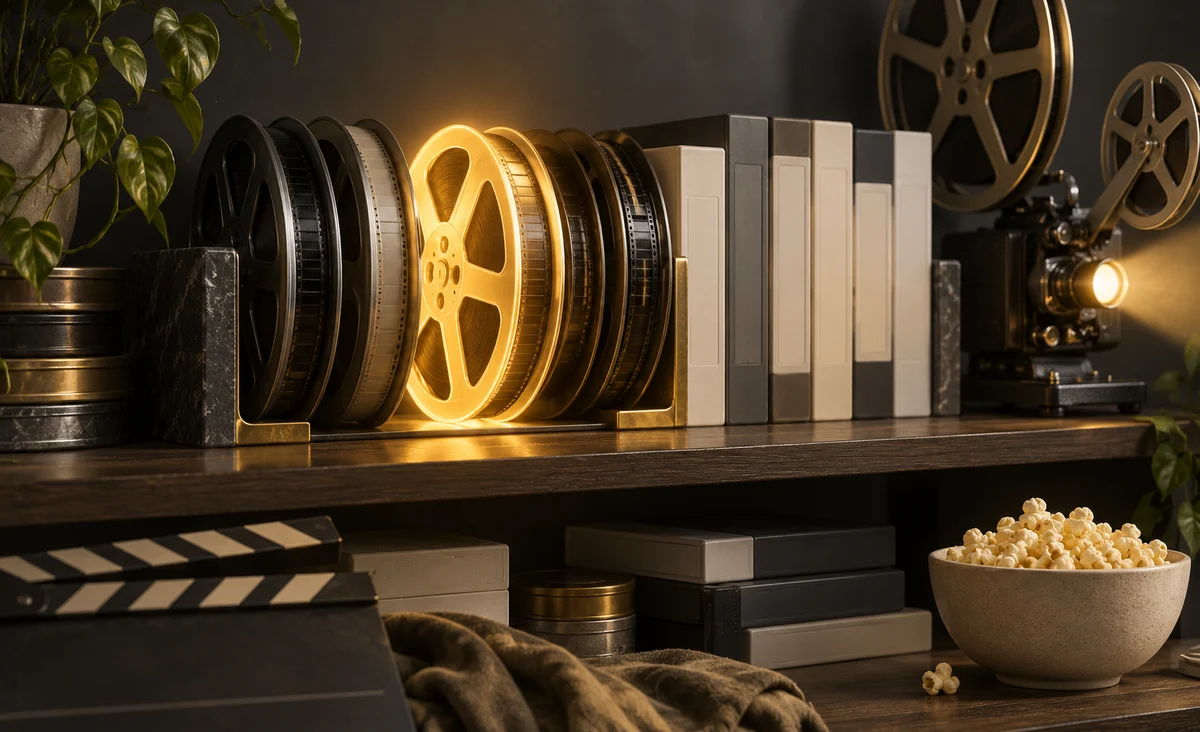 Un estante ordenado de carretes de películas esculturales y cajas de vídeo en blanco, un carrete brillando suavemente como la película seleccionada, un pequeño proyector de cine cerca; pizarra, marfil y amarillo dorado.