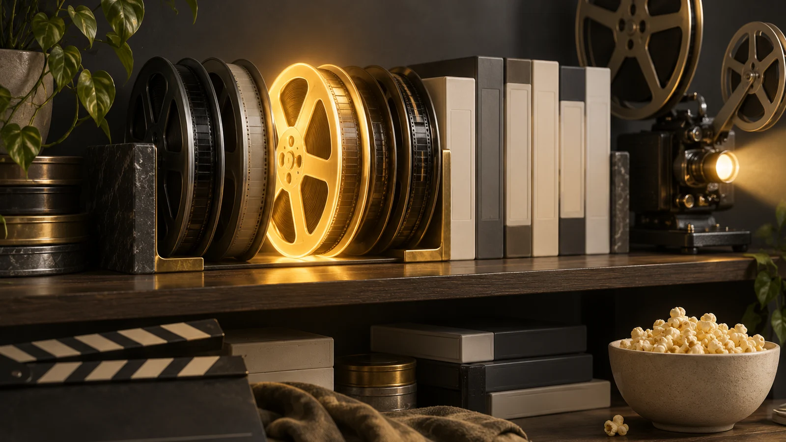 Un estante ordenado de carretes de películas esculturales y cajas de vídeo en blanco, un carrete brillando suavemente como la película seleccionada, un pequeño proyector de cine cerca; pizarra, marfil y amarillo dorado.