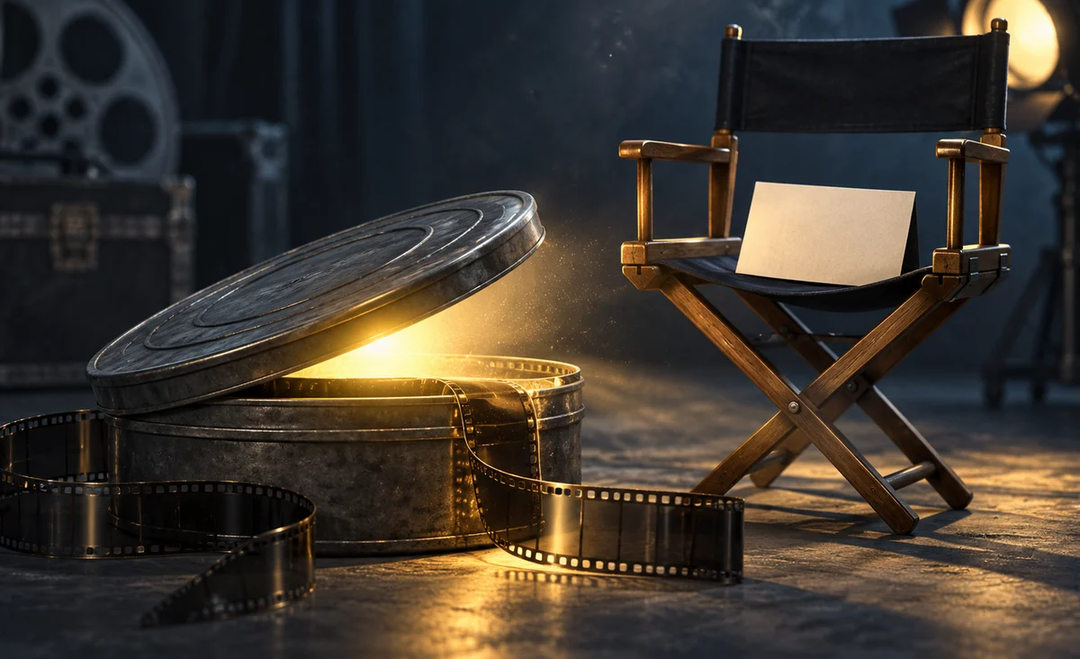 Un bote de película cerrado que se abre ligeramente con un suave haz de luz, una tarjeta en blanco en la silla de un director, ninguna escena de la película revelada; carbón, azul polvoriento y amarillo.
