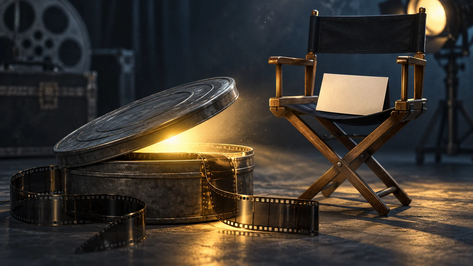Un bote de película cerrado que se abre ligeramente con un suave haz de luz, una tarjeta en blanco en la silla de un director, ninguna escena de la película revelada; carbón, azul polvoriento y amarillo.