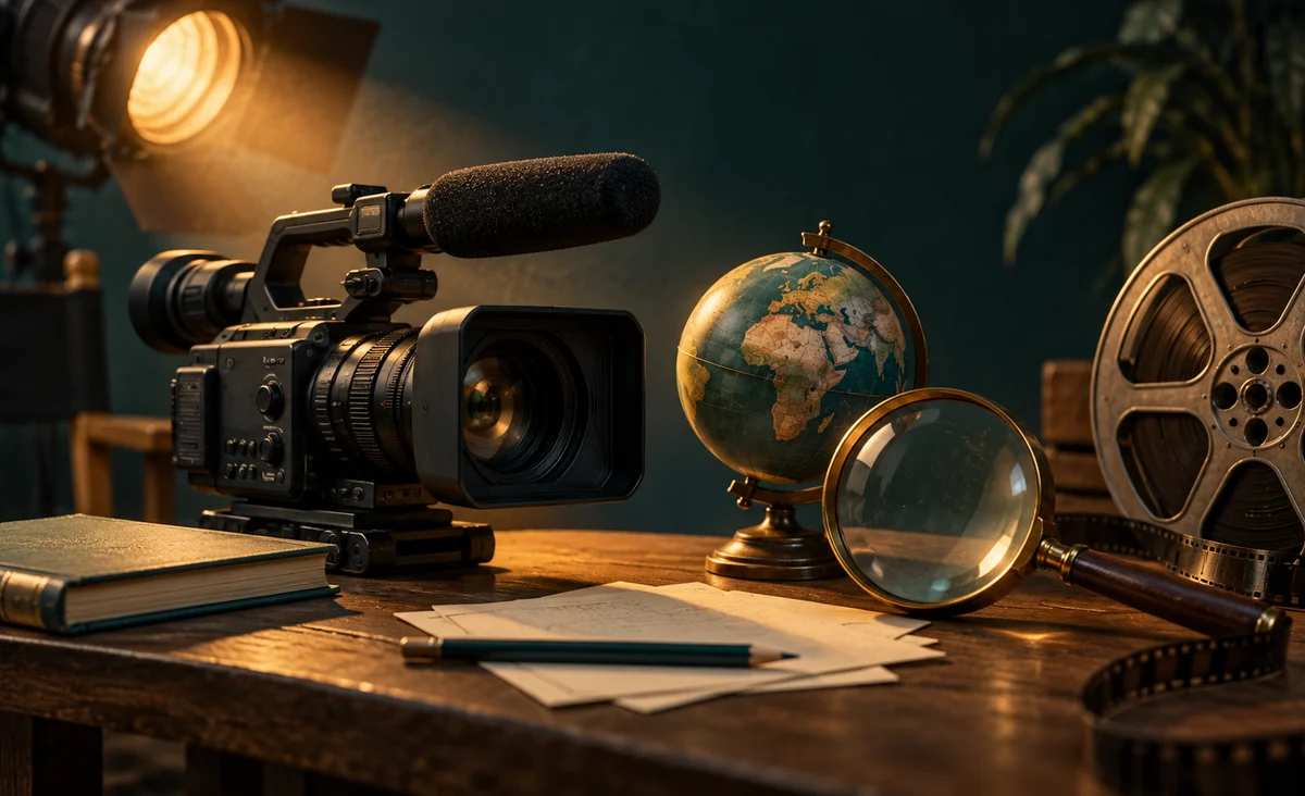 Una cámara documental junto a una lupa y un diminuto globo terráqueo bajo un foco de cine, notas de papel en blanco y una bobina de película; verde azulado, crema y ámbar.