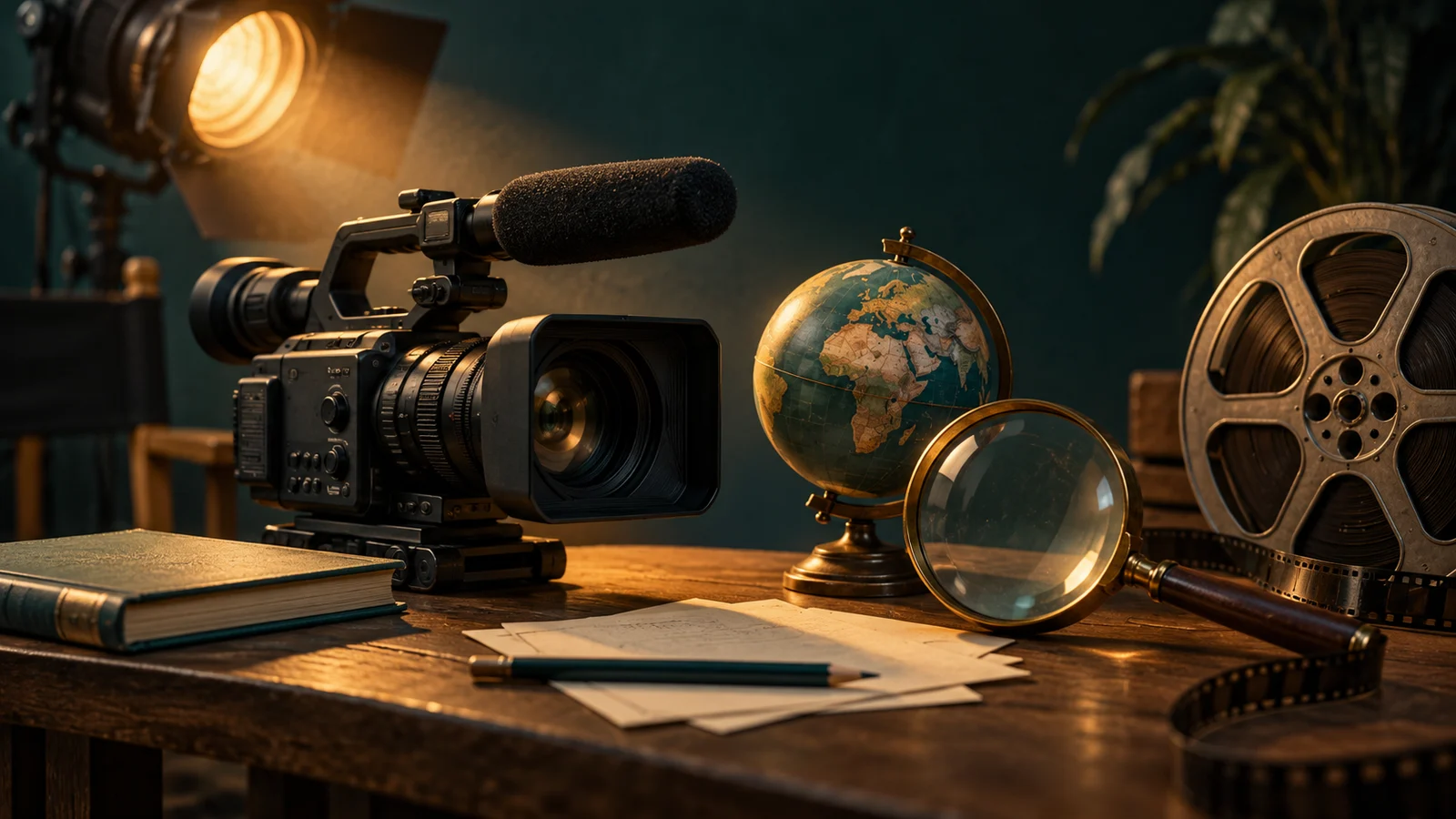 Una cámara documental junto a una lupa y un diminuto globo terráqueo bajo un foco de cine, notas de papel en blanco y una bobina de película; verde azulado, crema y ámbar.