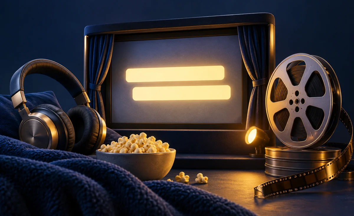 Una pantalla de cine en miniatura con dos barras horizontales limpias y brillantes que parecen subtítulos sin letras, auriculares y un carrete de película al lado; azul medianoche, perla y amarillo.