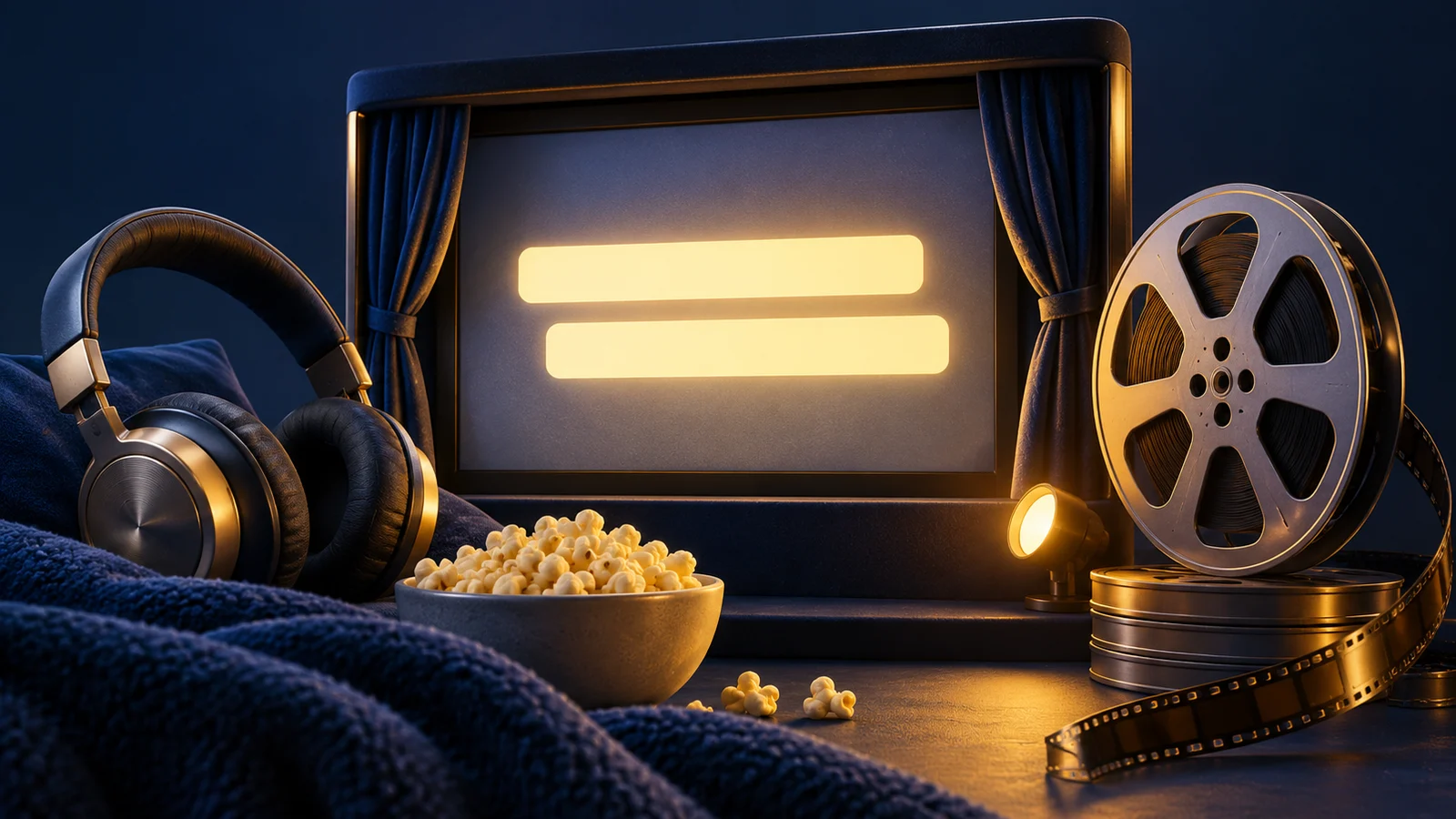 Una pantalla de cine en miniatura con dos barras horizontales limpias y brillantes que parecen subtítulos sin letras, auriculares y un carrete de película al lado; azul medianoche, perla y amarillo.