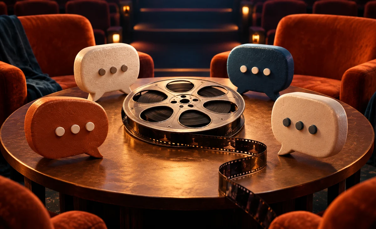 Un carrete de película en el centro de una mesa redonda con cuatro esculturas táctiles de burbujas de discurso y asientos de cine suavemente iluminados más allá; naranja quemado, crema y azul intenso.