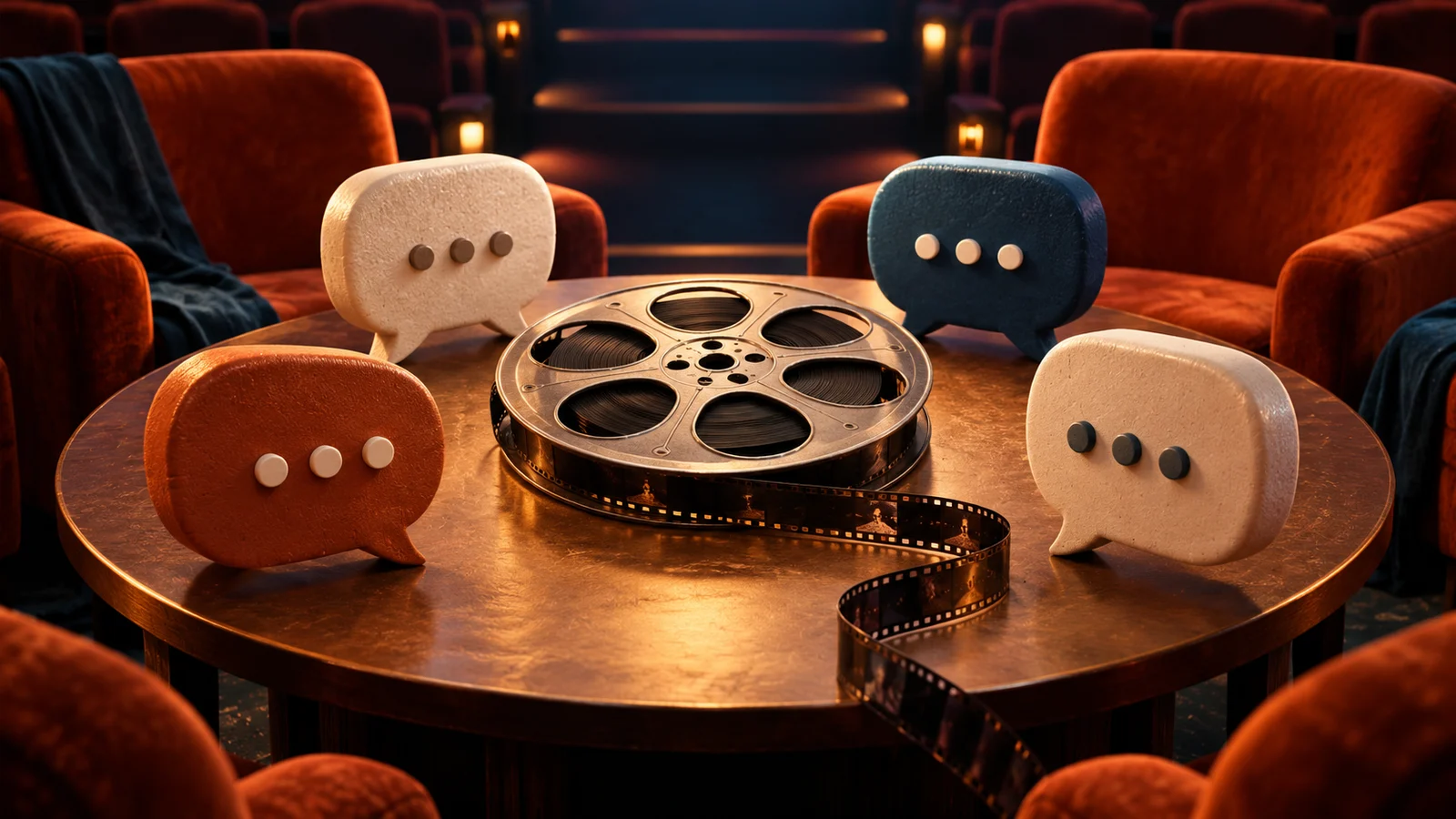 Un carrete de película en el centro de una mesa redonda con cuatro esculturas táctiles de burbujas de discurso y asientos de cine suavemente iluminados más allá; naranja quemado, crema y azul intenso.