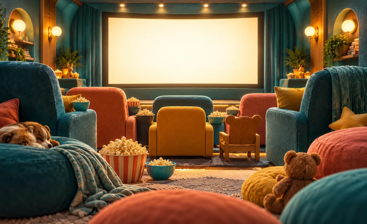 Un acogedor cine familiar en miniatura con asientos de diferentes tamaños, cojines suaves y cuencos de palomitas de colores, una pantalla luminosa en blanco; turquesa suave, melocotón y amarillo cálido.