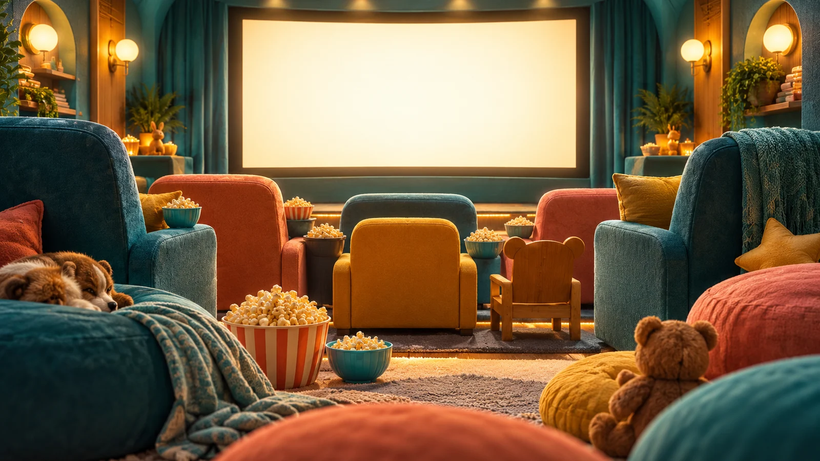 Un acogedor cine familiar en miniatura con asientos de diferentes tamaños, cojines suaves y cuencos de palomitas de colores, una pantalla luminosa en blanco; turquesa suave, melocotón y amarillo cálido.